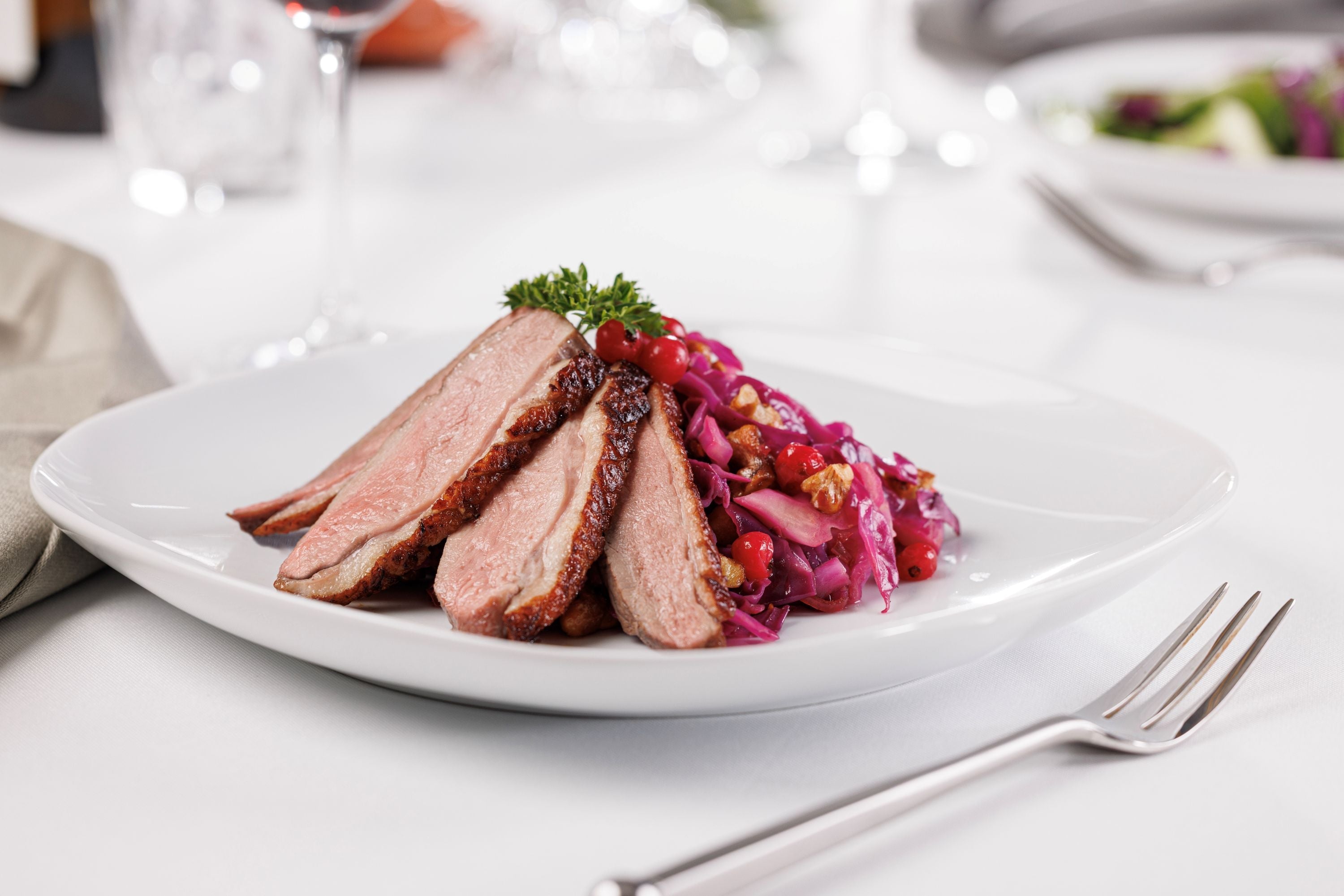 Grilled Duck with Currant Sauce and Red Cabbage Salad | Maple Leaf Farms
